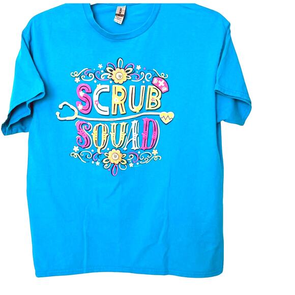 GILDAN "SCRUB SQUAD" SHORT SLV COTTON T-SHIRT, MENS, L, BLUE-MULTICOLOR GRAPHICS - Picture 1 of 11